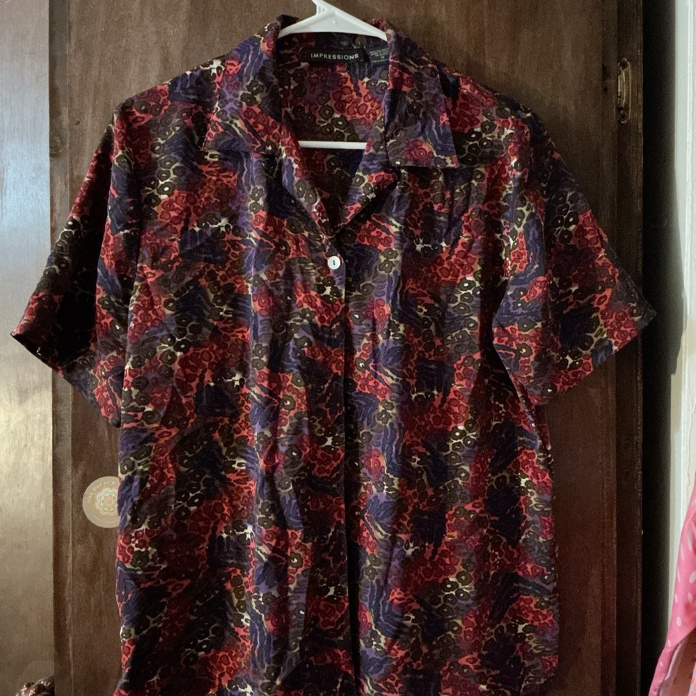 Impressions Red and Purple Casual Button Down Shirt
